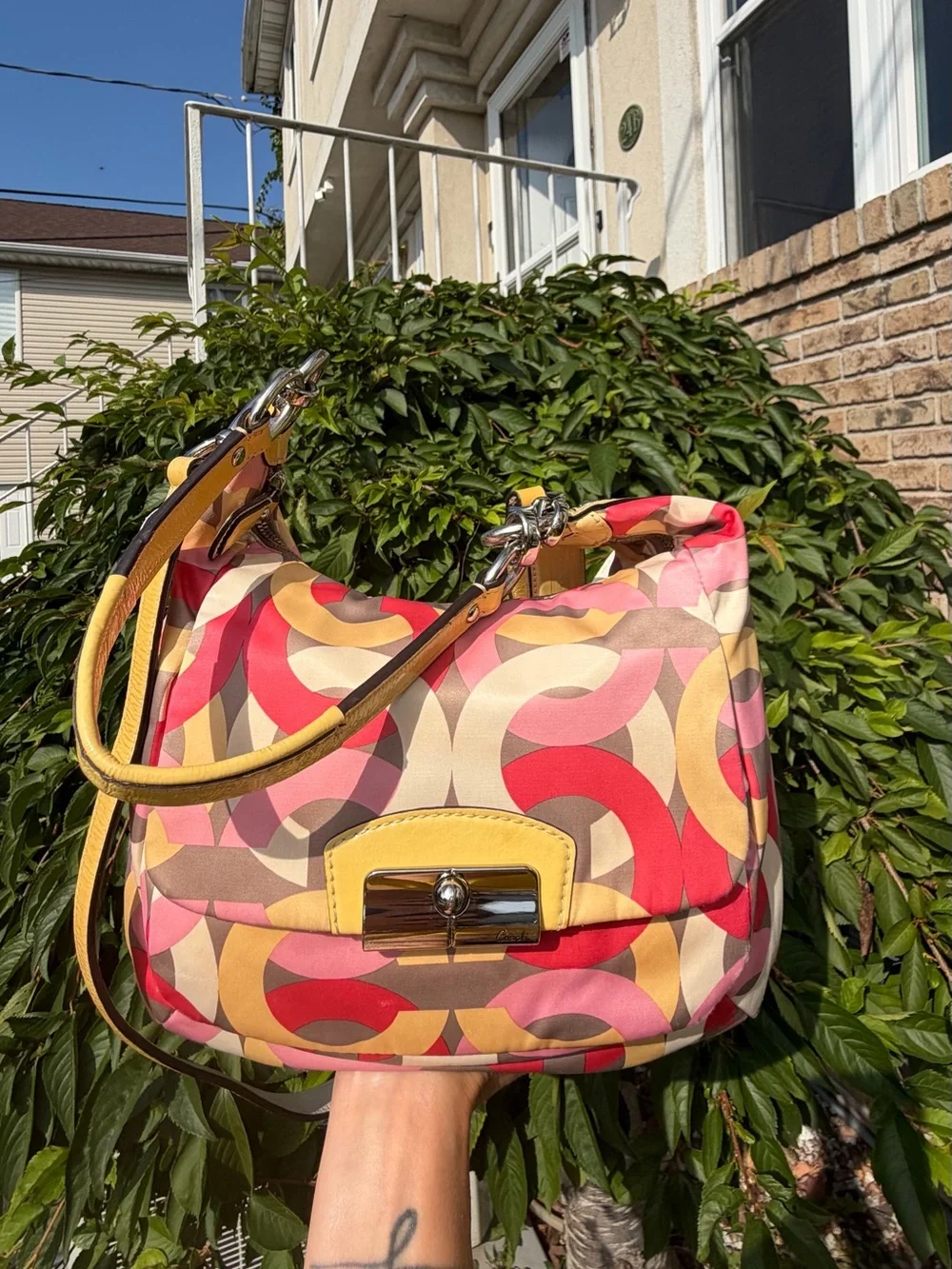 Coach Y2K Multicolor Kristin Op Art Sateen Shoulder Crossbody Bag Pink Yellow